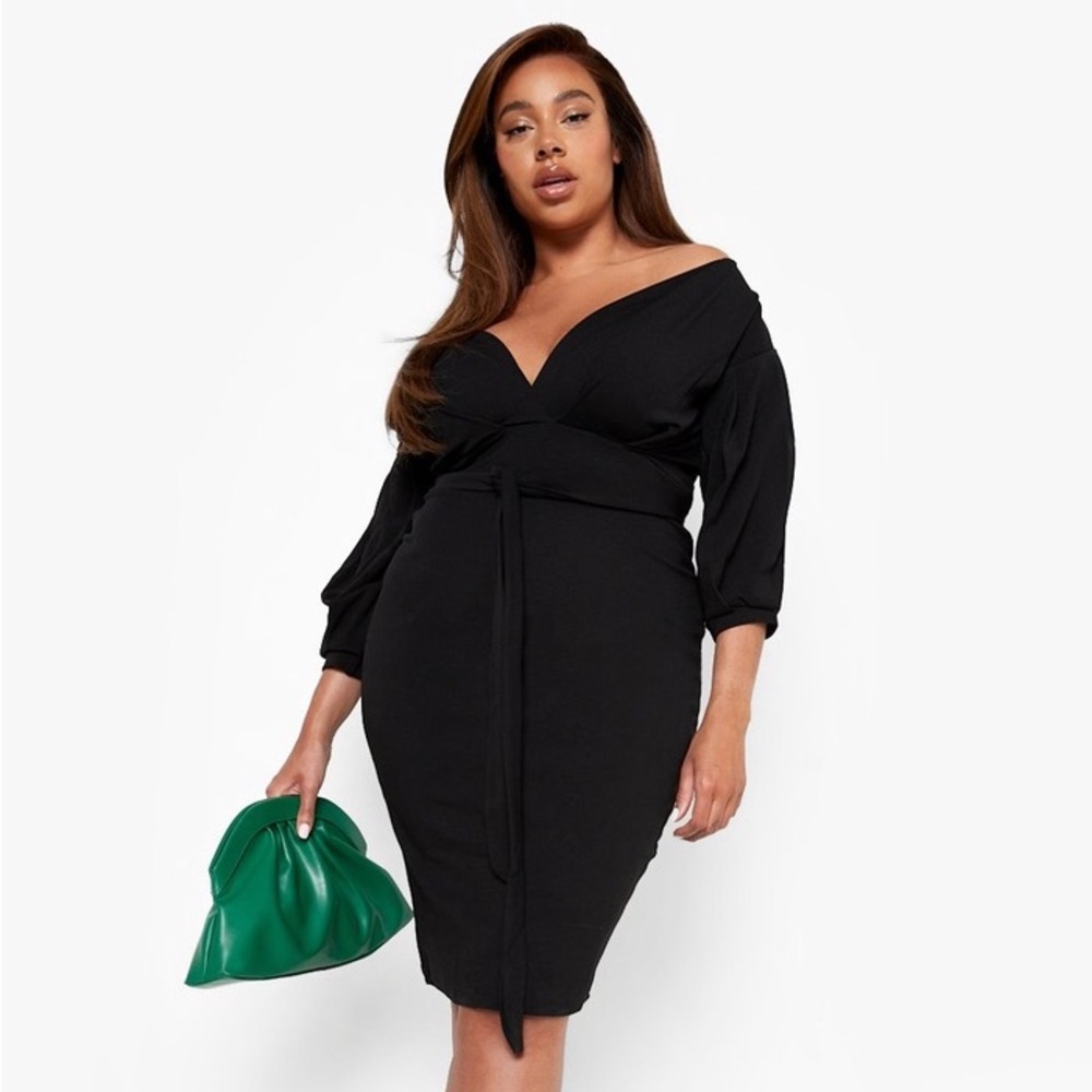 BOOHOO PLUS OFF THE SHOULDER WRAP MIDI DRESS